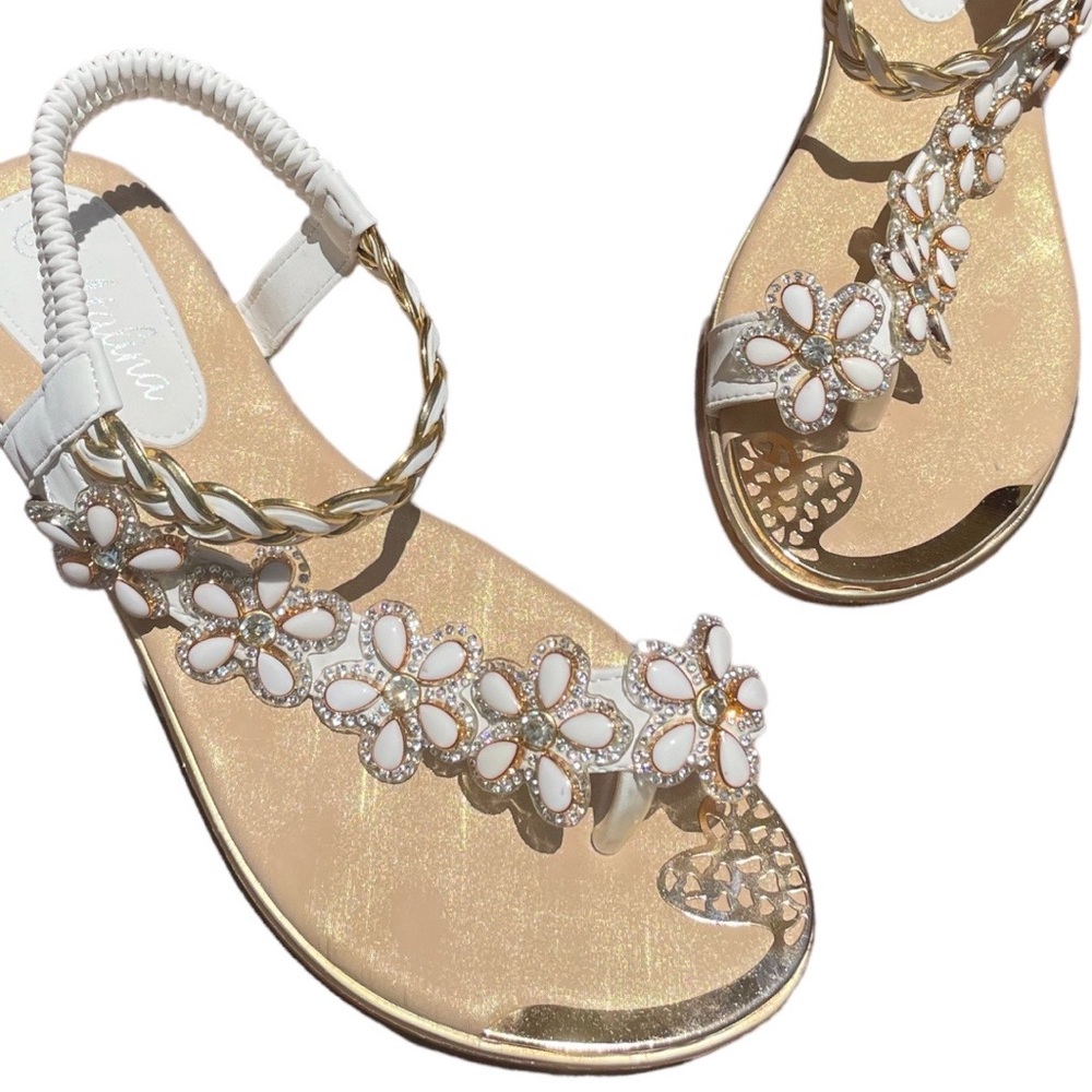 Toe Ring White Floral Rhinestone Embellished Woven Gold Sparkle Flat Sandal - Picture 10 of 11
